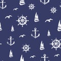 Vintage Marine seamless pattern Anchors, boat, steering wheel on navy background Royalty Free Stock Photo