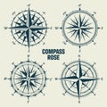 Vintage marine wind rose, nautical chart. Monochrome navigational compass with cardinal directions of North, East, South Royalty Free Stock Photo