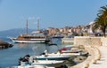 Vintage masted wooden sailing ships moored in Saranda harbor Royalty Free Stock Photo