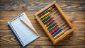 Vintage Math Tools on a Weathered Desk Abacus Calculator and Notes Inspire Learning