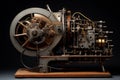 vintage mechanical apparatus showcasing intricate gears, levers and cables with a dark background to