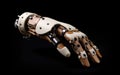 Vintage mechanical prosthetic hand made out of wood, metal and plastic and isolated on a black background. Generative AI