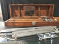 Vintage medical tools equipment used by doctors surgeons in hospital operating table