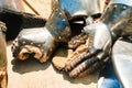 vintage medieval armor gloves on display. protective clothing.