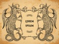 Vintage medieval dragon and ribbon banner on aged paper background.