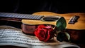 Vintage memories with a classical guitar a red rose and a musical score Generative AI Illustration Royalty Free Stock Photo