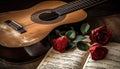 Vintage memories with a classical guitar a red rose and a musical score Generative AI Illustration Royalty Free Stock Photo