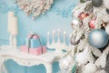 Merry christmas decor with fir tree with toys table with gift bo