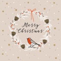 Vintage Merry Christmas , Happy New Year greeting card, invitation. Wreath made of evergreen branches, berries, finch bird.