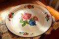 A vintage metal dinner plate with flower motif, on a wooden table