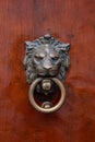 Vintage metal doorknob knocker gong on an old wooden door Royalty Free Stock Photo