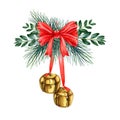 Vintage metal golden jingle bells with pine branches, red bow decor. Watercolor illustration. Hand drawn Christmas metal Royalty Free Stock Photo