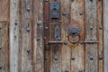 Vintage metal Handle on the old wooden door, closeup Royalty Free Stock Photo