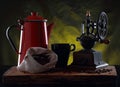 Vintage metal jug and old coffee grinder Royalty Free Stock Photo