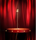 Vintage metal microphone on stage with red curtain backdrop. mic on empty theatre stage, vector art image illustration Royalty Free Stock Photo