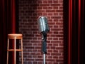 Vintage metal microphone against red curtain on empty theatre stage. 3d render