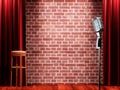 Vintage metal microphone against red curtain on empty theatre stage. 3d render