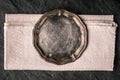 Vintage metal plate on the dark stone table top view Royalty Free Stock Photo