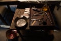 Vintage surgical instruments on wooden table