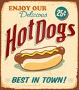 Vintage Rusty Delicious Hot Dogs Metal Sign. Royalty Free Stock Photo