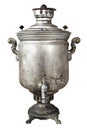 Vintage metal tea samovar on white background. Russian character