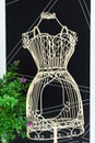 Vintage metal wire open-work tailor`s mannequin on stand on black background with graphic pattern. Potted flower. Sewing crafts