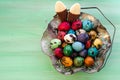 Vintage Metall Easter Eggs Basket and Chocolade Bunny Ears Royalty Free Stock Photo