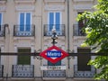 Vintage Metro sign at the Chueca station, Madrid, Spain Royalty Free Stock Photo