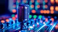 Vintage microphone against a vibrant sound mixer board with bokeh lights, evoking a studio atmosphere Royalty Free Stock Photo