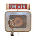 Vintage microphone with on air illuminated sign and speaker Royalty Free Stock Photo