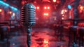 Retro microphone on stage with moody lighting in jazz club. vintage musical performance setting. focus on entertainment Royalty Free Stock Photo