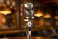 Vintage microphone on blurred night club background. Invitation to a stand-up evening, concert or open mic show. Copy Royalty Free Stock Photo