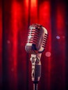 Vintage microphone on blurred night club background. Invitation to a stand-up evening, concert or open mic show. Copy Royalty Free Stock Photo