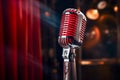 Vintage microphone on blurred night club background. Invitation to a stand-up evening, concert or open mic show. Copy Royalty Free Stock Photo