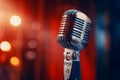 Vintage microphone on blurred night club background. Invitation to a stand-up evening, concert or open mic show. Copy Royalty Free Stock Photo