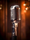 Vintage microphone on blurred night club background. Invitation to a stand-up evening, concert or open mic show. Copy Royalty Free Stock Photo