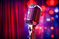Vintage microphone on blurred night club background. Invitation to a stand-up evening, concert or open mic show. Copy Royalty Free Stock Photo