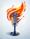 Vintage microphone on fire, hot mic in flames, studio recording music, on the air typing, vector logo or illustration, live radio