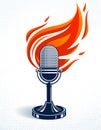 Vintage microphone on fire, hot mic in flames, studio recording music, on the air typing, vector logo or illustration, live radio Royalty Free Stock Photo