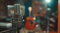 Vintage Microphone and Guitar in Recording Studio. Generative AI Royalty Free Stock Photo