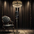 Vintage microphone in the interior of the theater. 3D illustration Royalty Free Stock Photo
