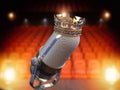 Vintage microphone and king crown. Music award, concert of best singer, king of pop rock music concept background