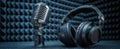 The vintage microphone and modern headphones on a textured acoustic backdrop. AI generated image Royalty Free Stock Photo