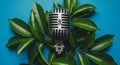 Vintage Microphone Nestled Amongst Lush Green Leaves Royalty Free Stock Photo