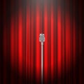 Vintage microphone on red curtain realistic vector metallic mic empty theater concert performance