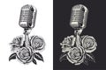 Vintage microphone and roses. Black and white illustration.