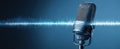 The vintage microphone with sound wave on a blue background..AI generated image Royalty Free Stock Photo