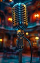 Vintage microphone on stage in the spotlight performance of the musical group. Royalty Free Stock Photo