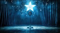 Vintage microphone on stage with star and musical notes in blue spotlight Royalty Free Stock Photo