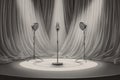 Vintage microphone set on a stage with dramatic lighting and curtains ready for a performance or recording session Royalty Free Stock Photo